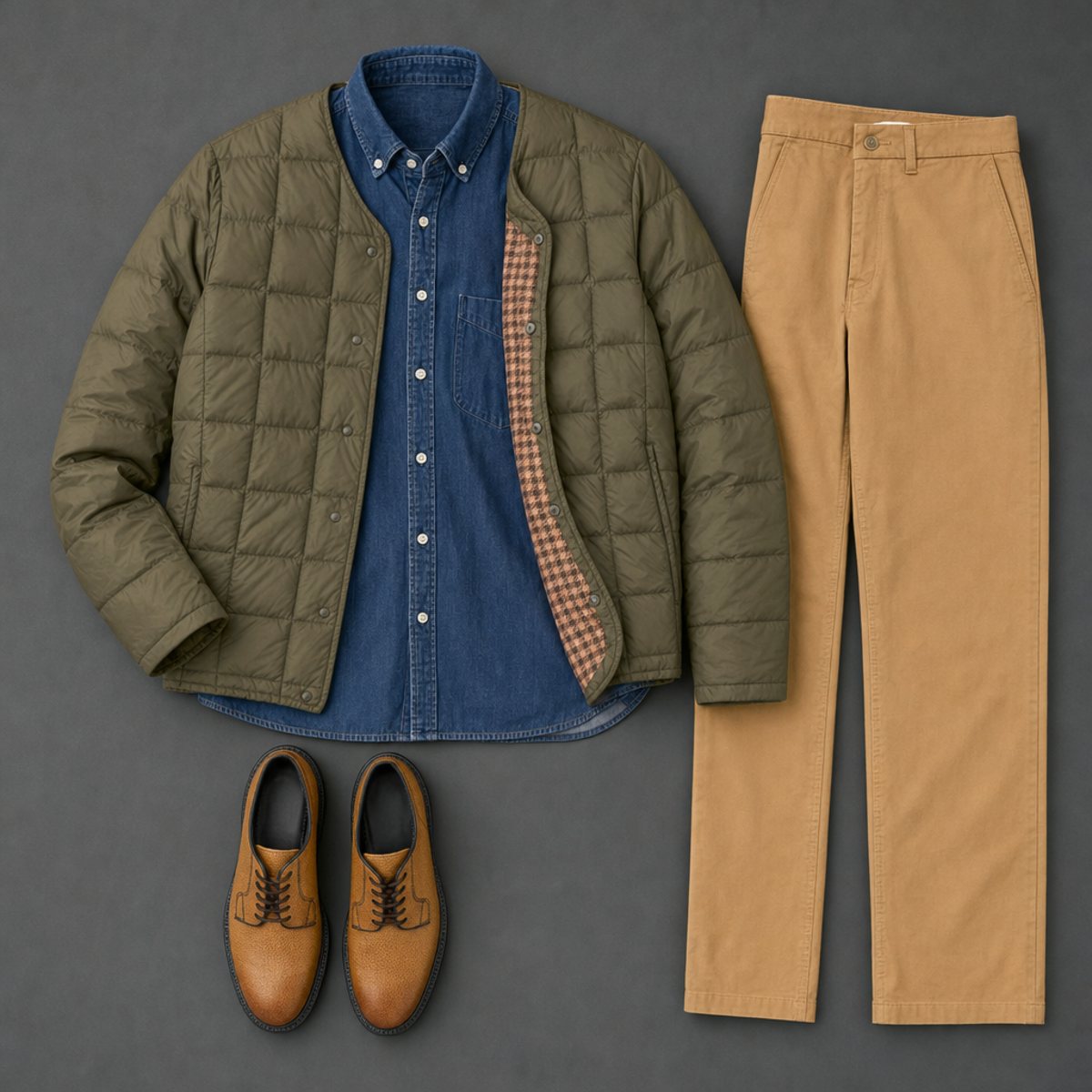 Flat-lay: olive quilted liner over an indigo denim shirt, tan chinos and tan pebble-grain Derby shoes on slate